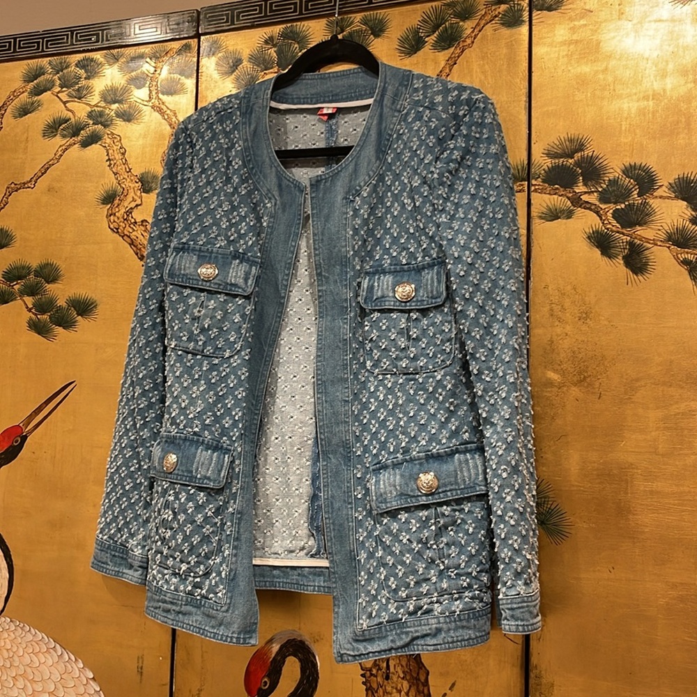 Denim Collarless Denim Jacket similar to Balmain